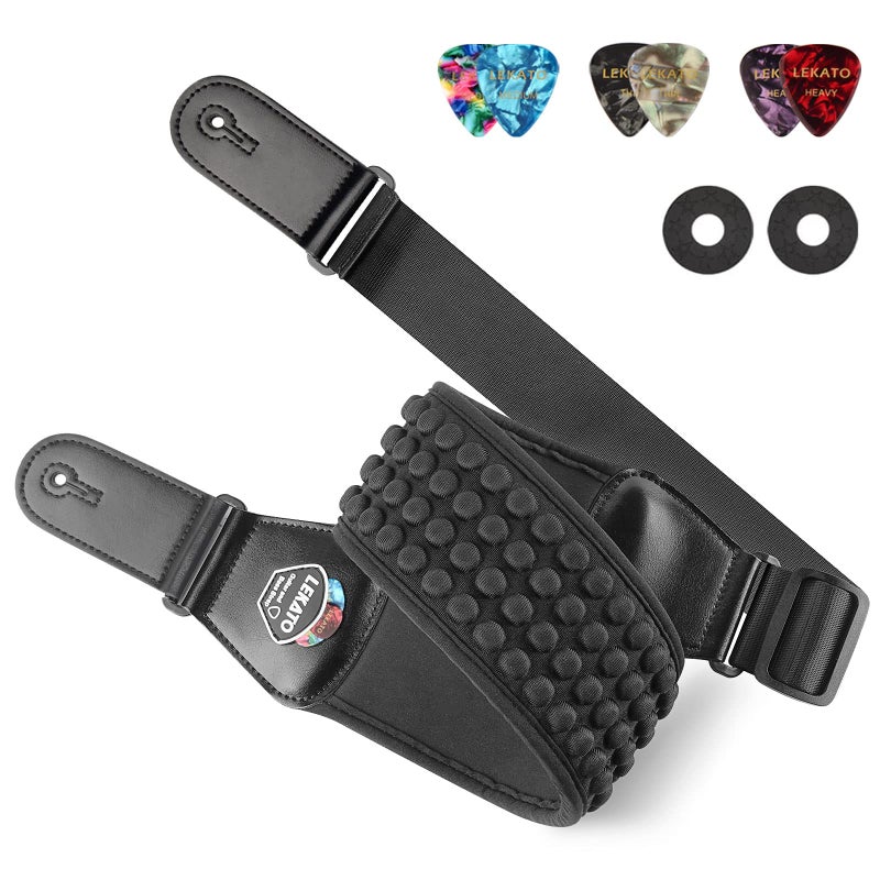 LEKATO Guitar Straps for Electric Guitar Bass  3"" Wide Padded Guitar Strap Neoprene Pad with 3D Sponge Filling Bass Guitar Straps Adjustable Length from 45"" to 55"" with Strap Locks  Picks  Black - Image 1